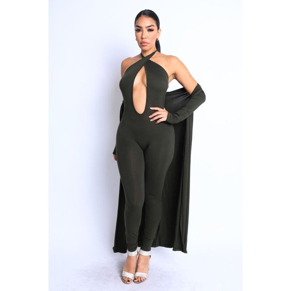 Boutique Pants - Women's Sexy Open Center Halter Jumpsuit with Cardigan Set Black Cross Neck